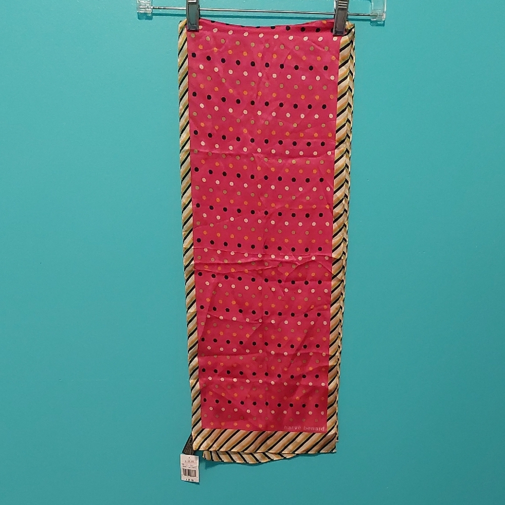 NWT Harve Benard Pink Polka Dot Scarf 100% Silk Fuschia